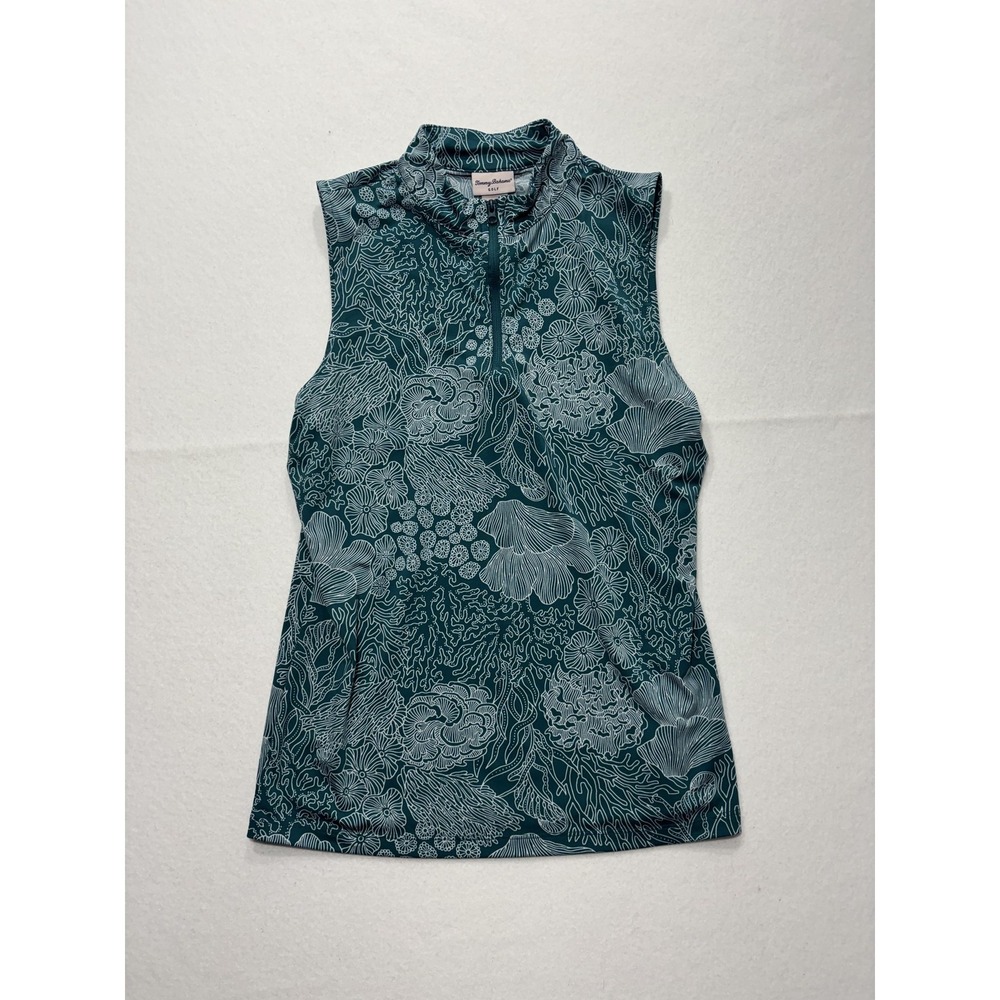 Tommy Bahama Golf Tank Womens Medium Green Floral 1/4 Zip Mock Neck Top